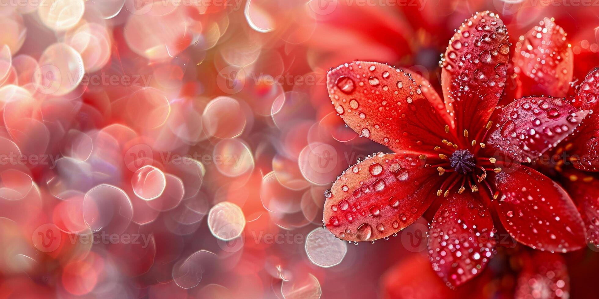 ai généré cette embrassé par la pluie cramoisi fleur se prélasse dans le gloire de une bokeh briller toile de fond, mise en évidence natures délicat équilibre photo