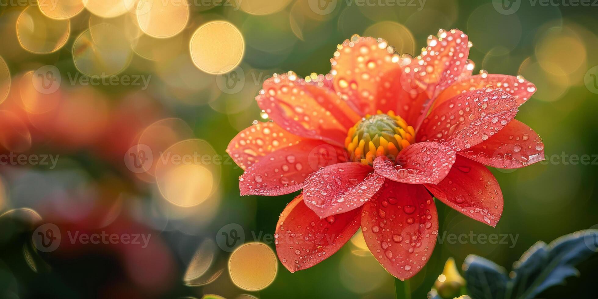 ai généré une éblouissant rouge dahlia capture le premier lumière de jour, avec lever du soleil bokeh scintille valoriser ses couvert de rosée splendeur photo