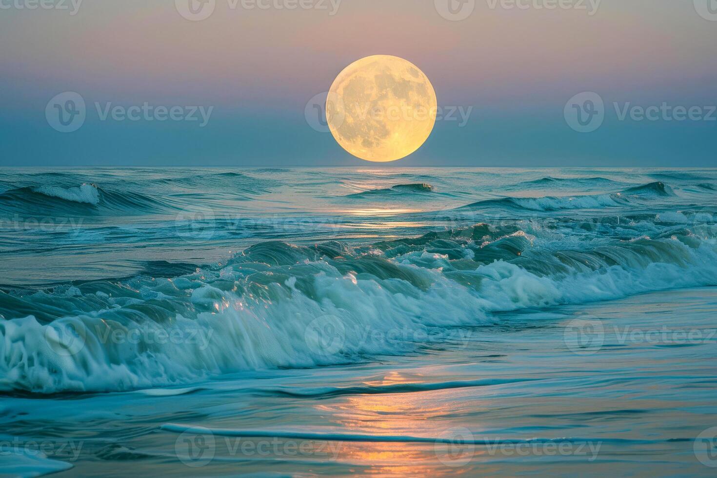 ai généré le super lune illumine le ciel comme il monte au dessus le rugissement mer vagues pendant une Stupéfiant le coucher du soleil photo