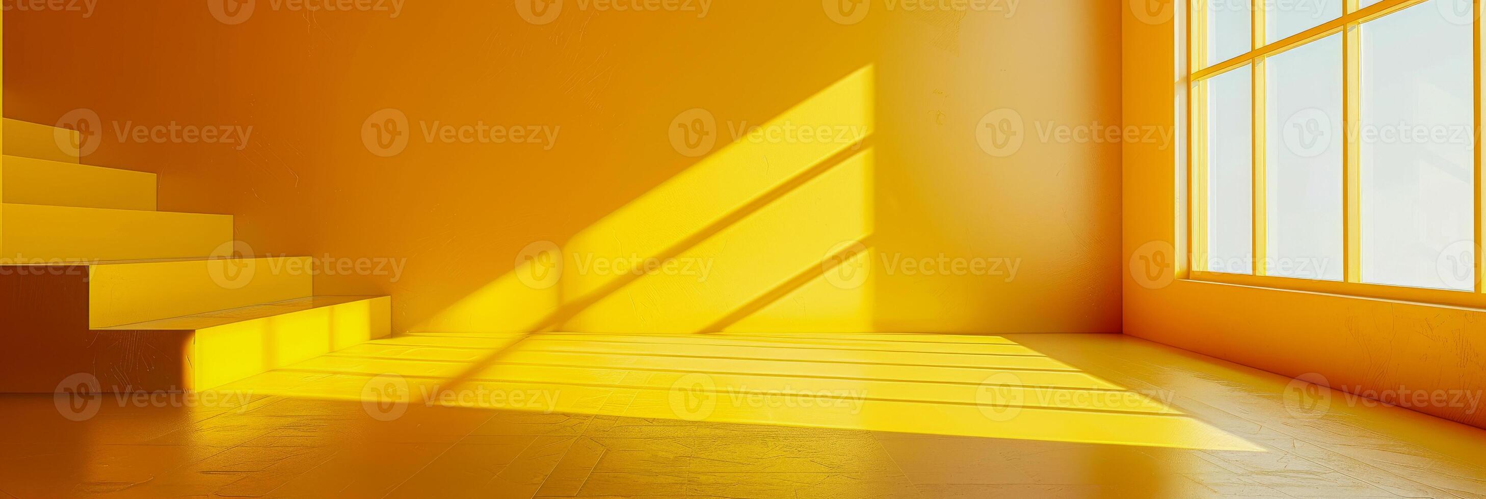 ai généré le tranchant angles de une moderne Jaune escalier sont Souligné par le rigide lumière du soleil diffusion par une la fenêtre. photo