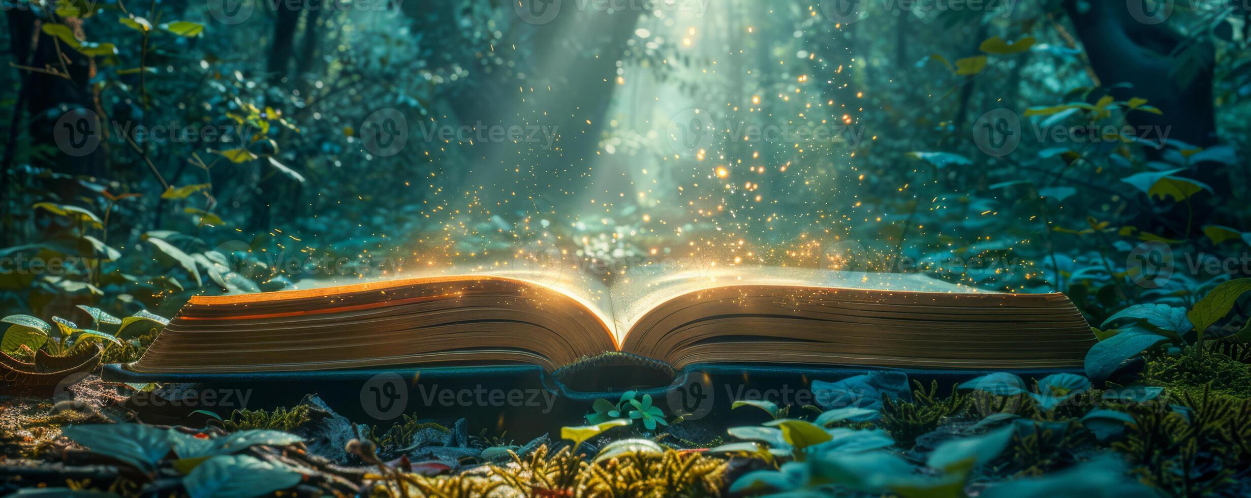 enchanté ouvert livre rayonnant magique d'or lumière dans fores photo