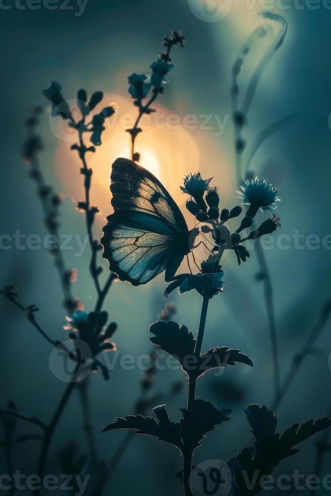 papillon silhouette sur fleurs sauvages à lever du soleil photo