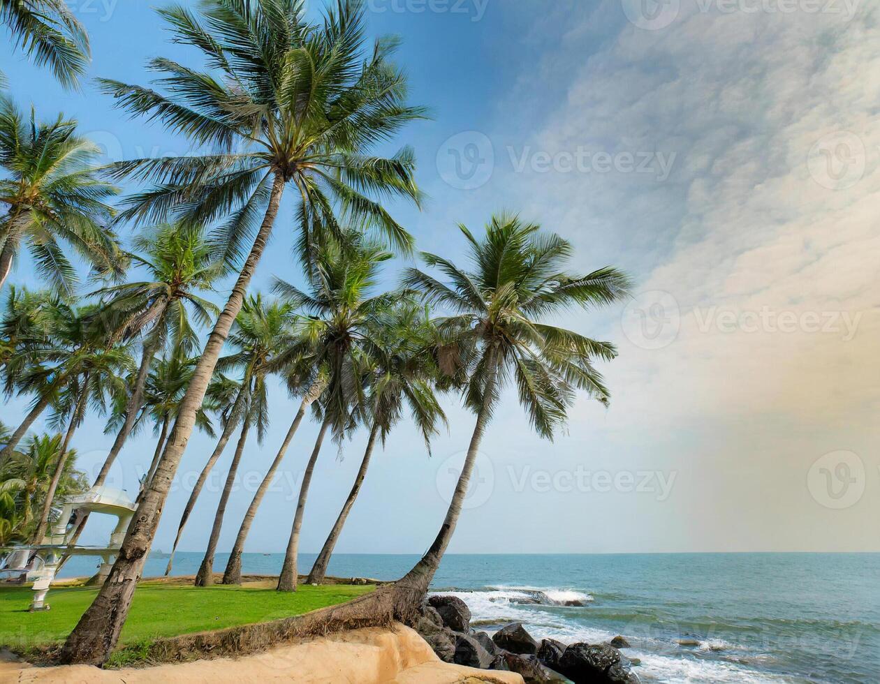 ai généré paume des arbres sur le plage par le mer photo