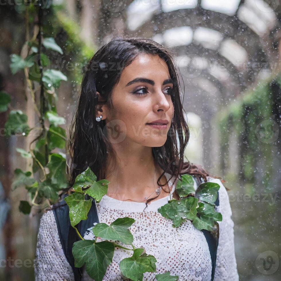 magnifique élégant femme dans abandonné usine photo