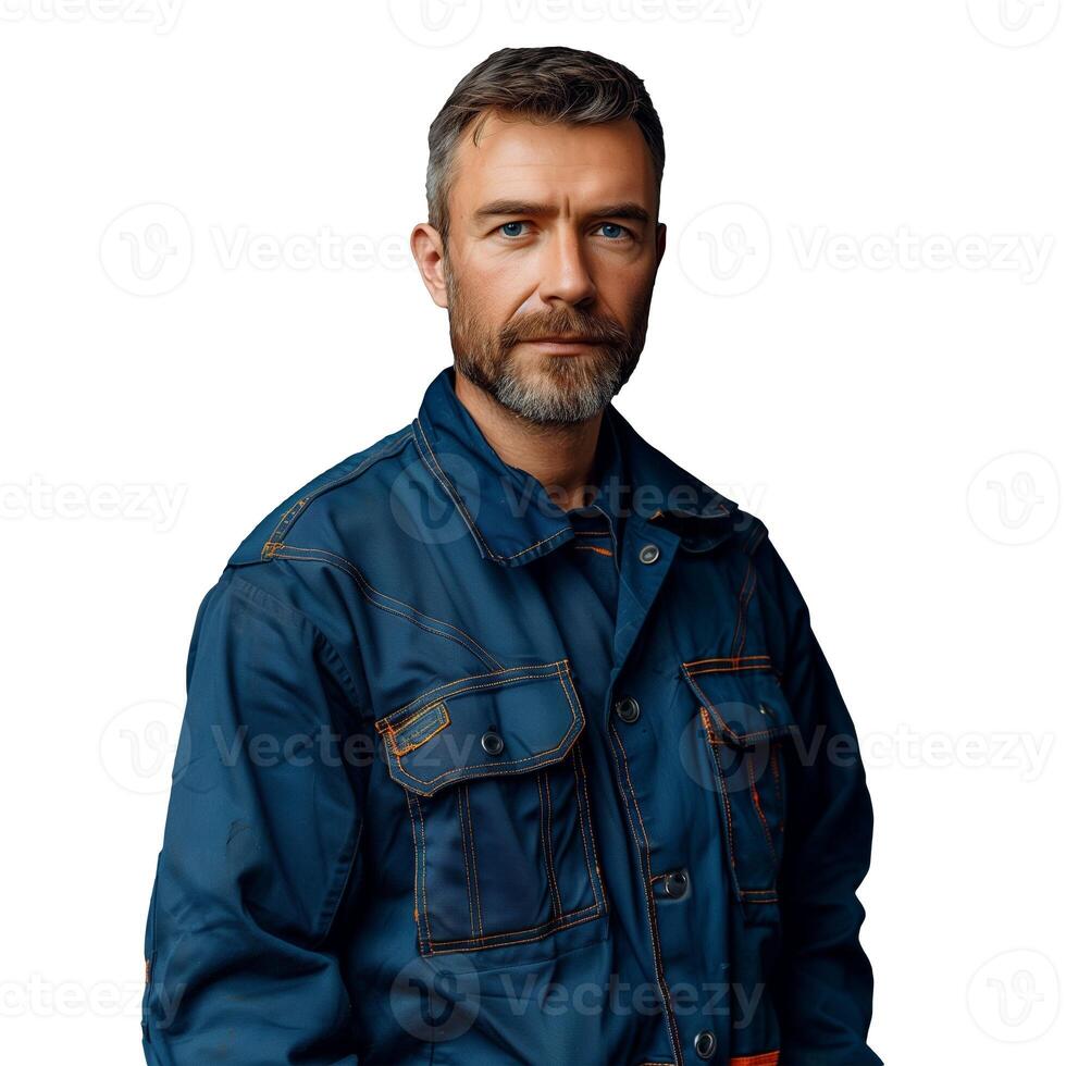 mature homme avec barbe dans bleu denim veste sur transparent Contexte photo