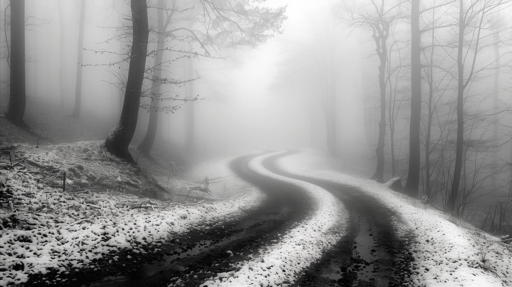 enroulement forêt route dans hiver brouillard photo