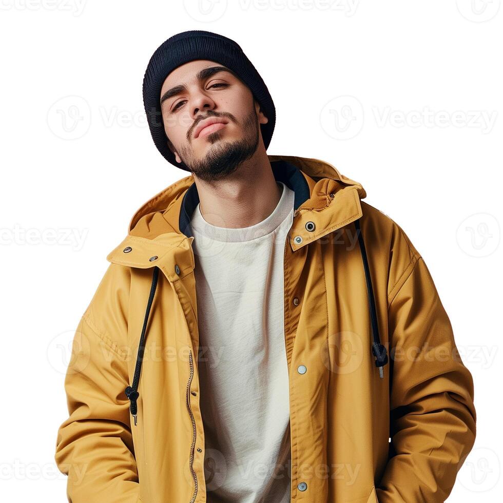 décontractée Jeune homme dans Jaune veste et bonnet photo