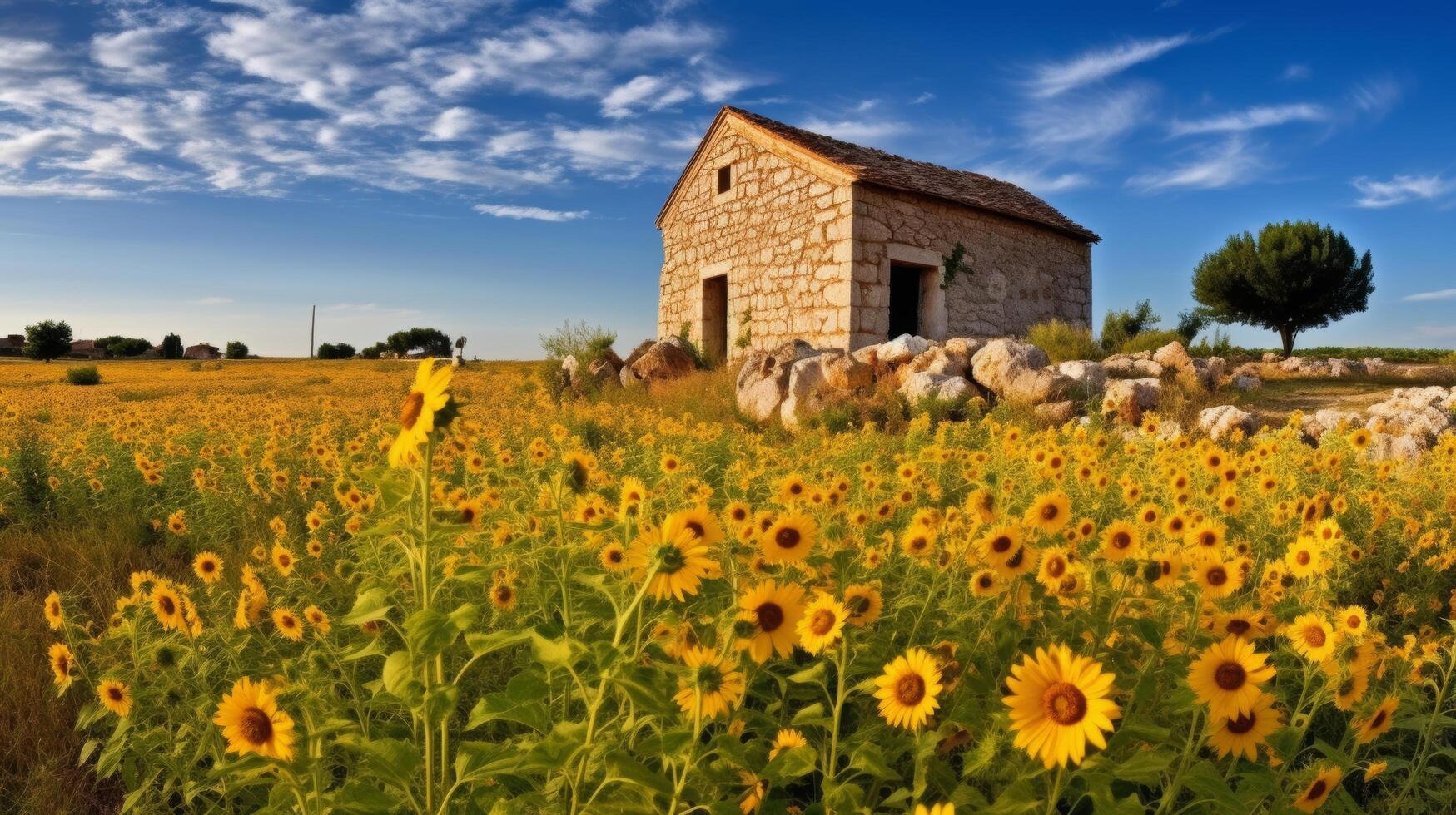 traditionnel pierre maison au milieu de tournesols photo