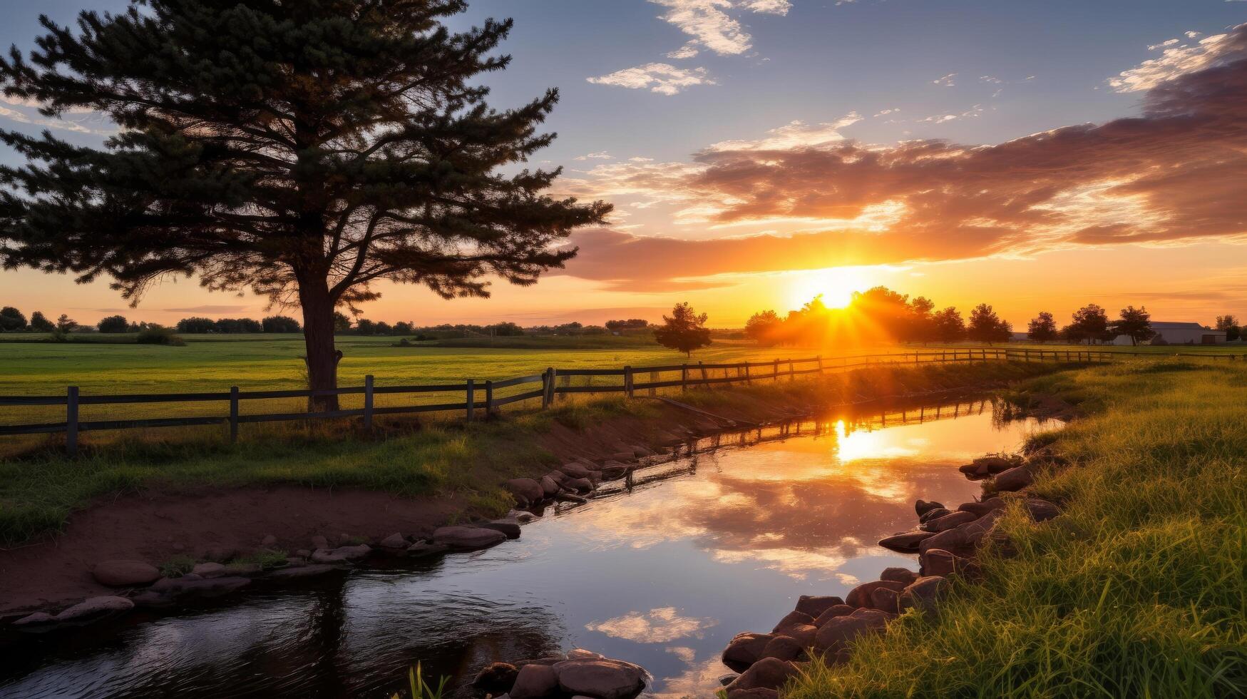 tranquille ferme étang à le coucher du soleil photo