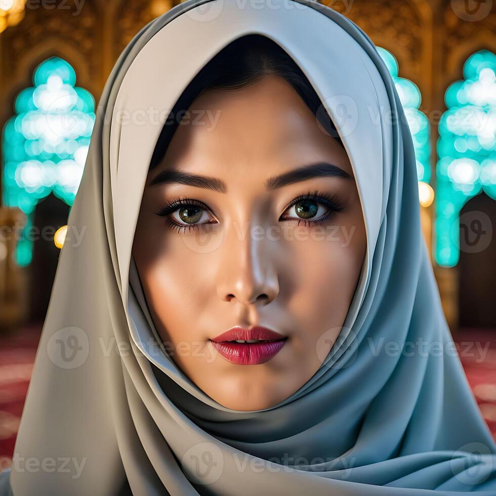 femme dans traditionnel musulman vêtements, souriant. magnifique femme photo du visage à la recherche à caméra et portant une hijab.