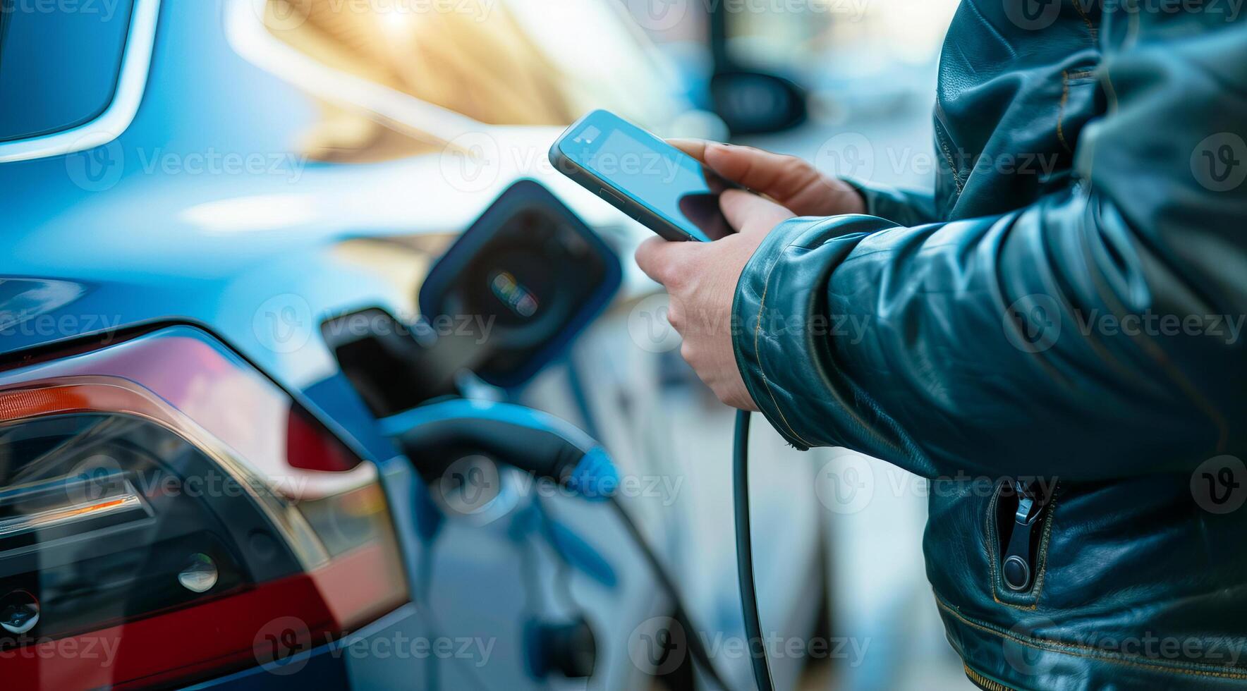 une homme est mise en charge le sien électrique voiture photo