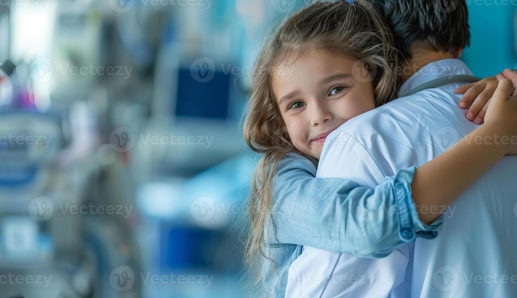 médecin étreindre peu fille dans hôpital chambre. souriant Jeune fille étant tenue par une médecin photo