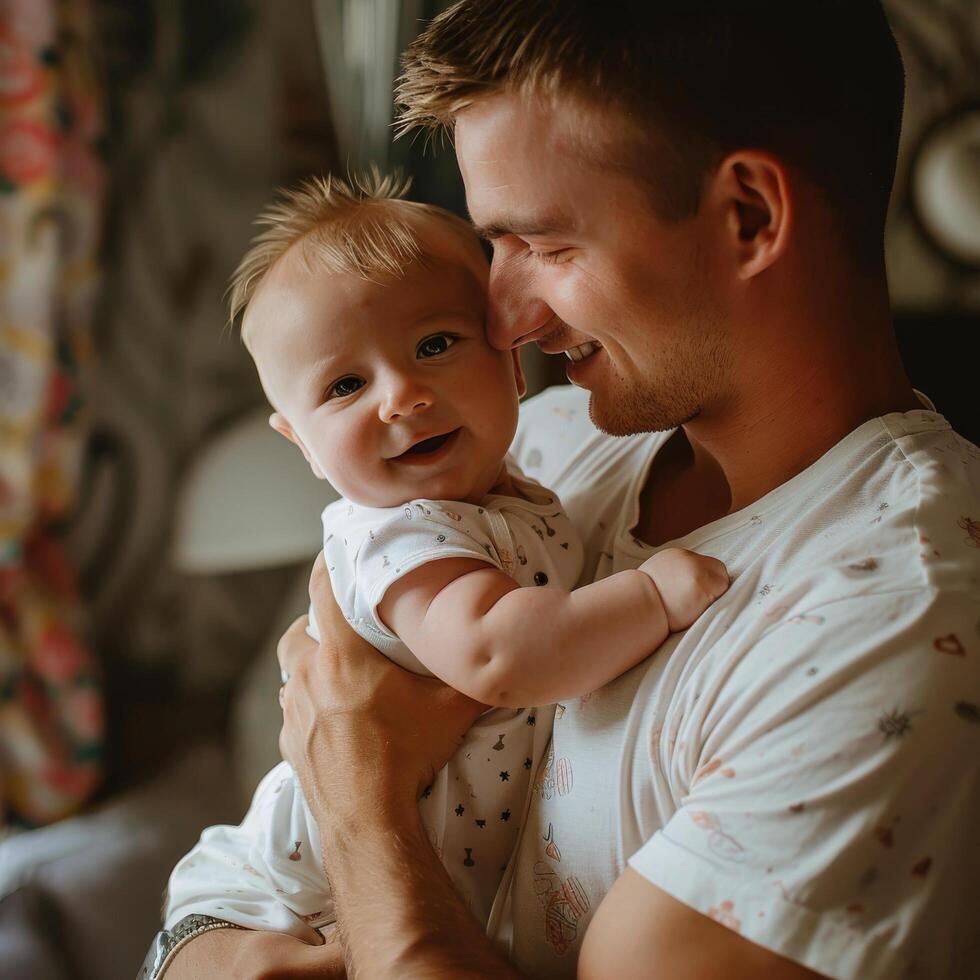 souriant père en portant le sien bébé dans une confortable Accueil réglage photo
