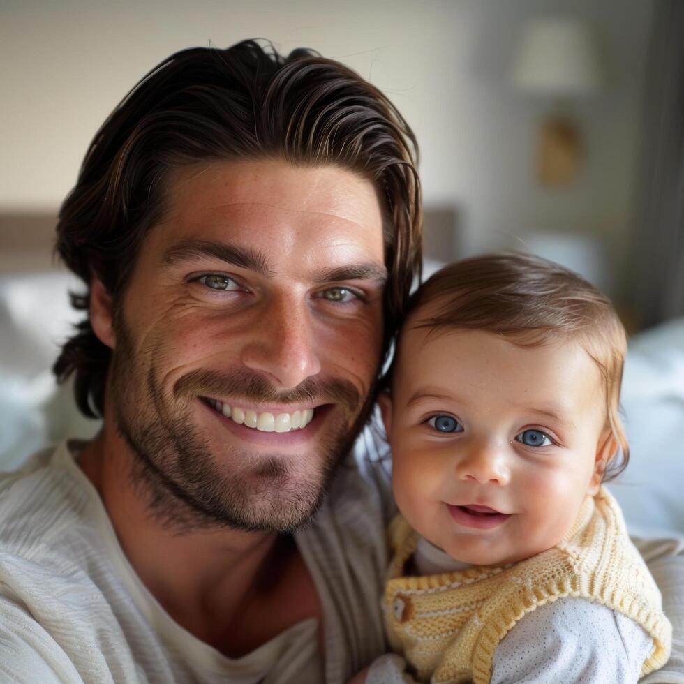 portrait de souriant homme avec bébé peut-être pour lié à la famille prestations de service ou parentalité blogs photo