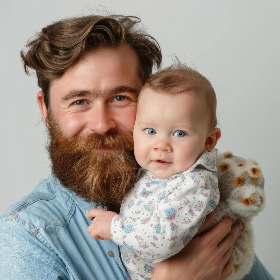 père en portant une bébé avec une peluche jouet photo