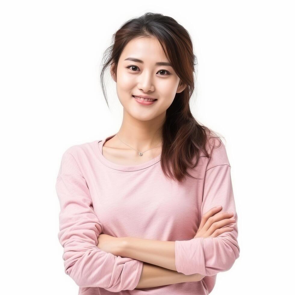 portrait de une souriant Jeune asiatique femme potentiellement pour mode ou produits de beauté La publicité photo