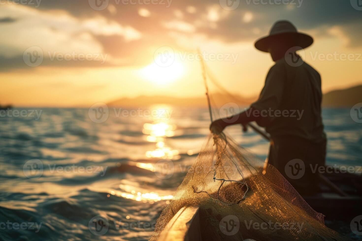 d'or heure pêche.a pêcheur récupère le sien net à crépuscule sur une serein Lac photo