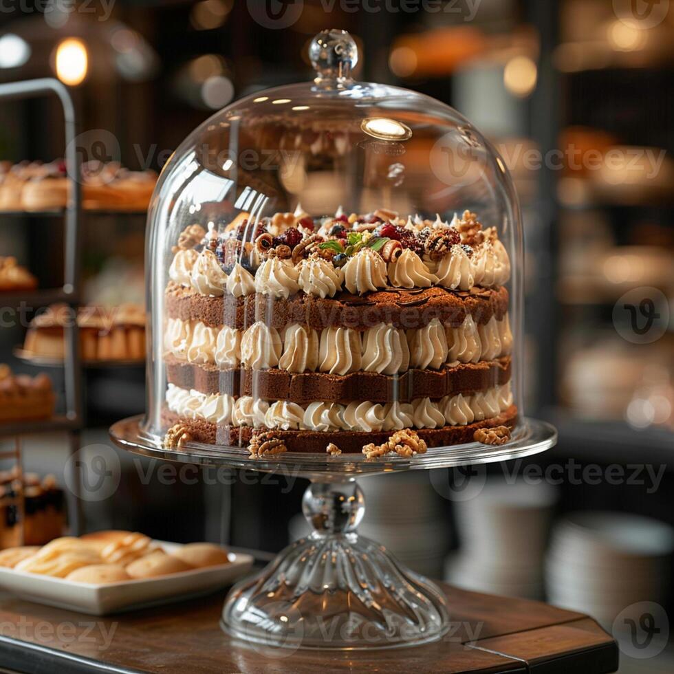 gâteau en dessous de verre cloche dôme dans une restaurant cuisine photo