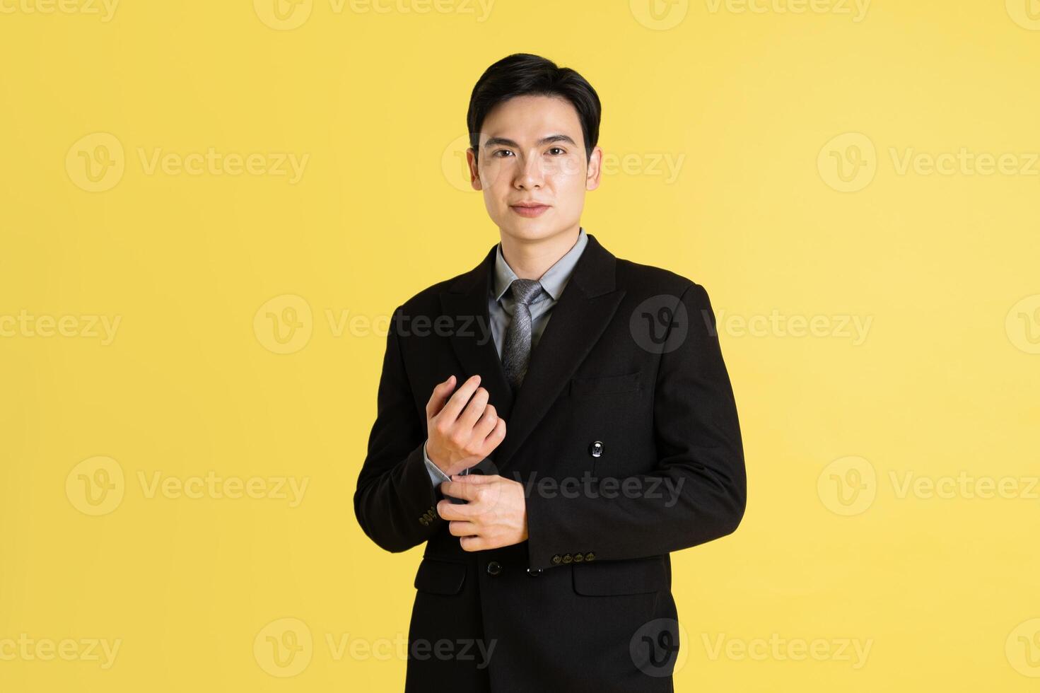 portrait de asiatique Masculin homme d'affaire. portant une costume et posant sur une Jaune Contexte photo