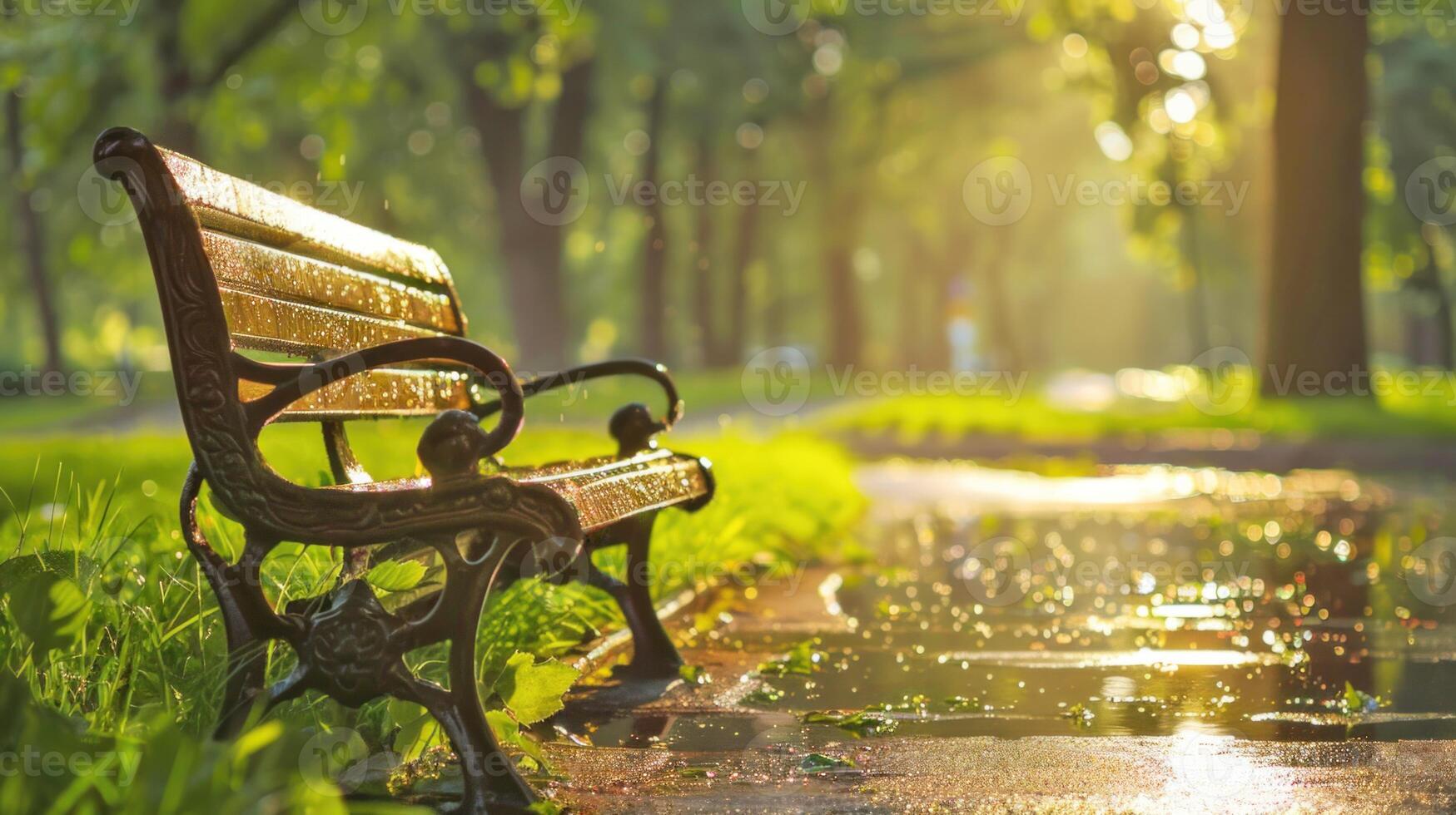 luisant banc dans le Matin parc lumière. . photo