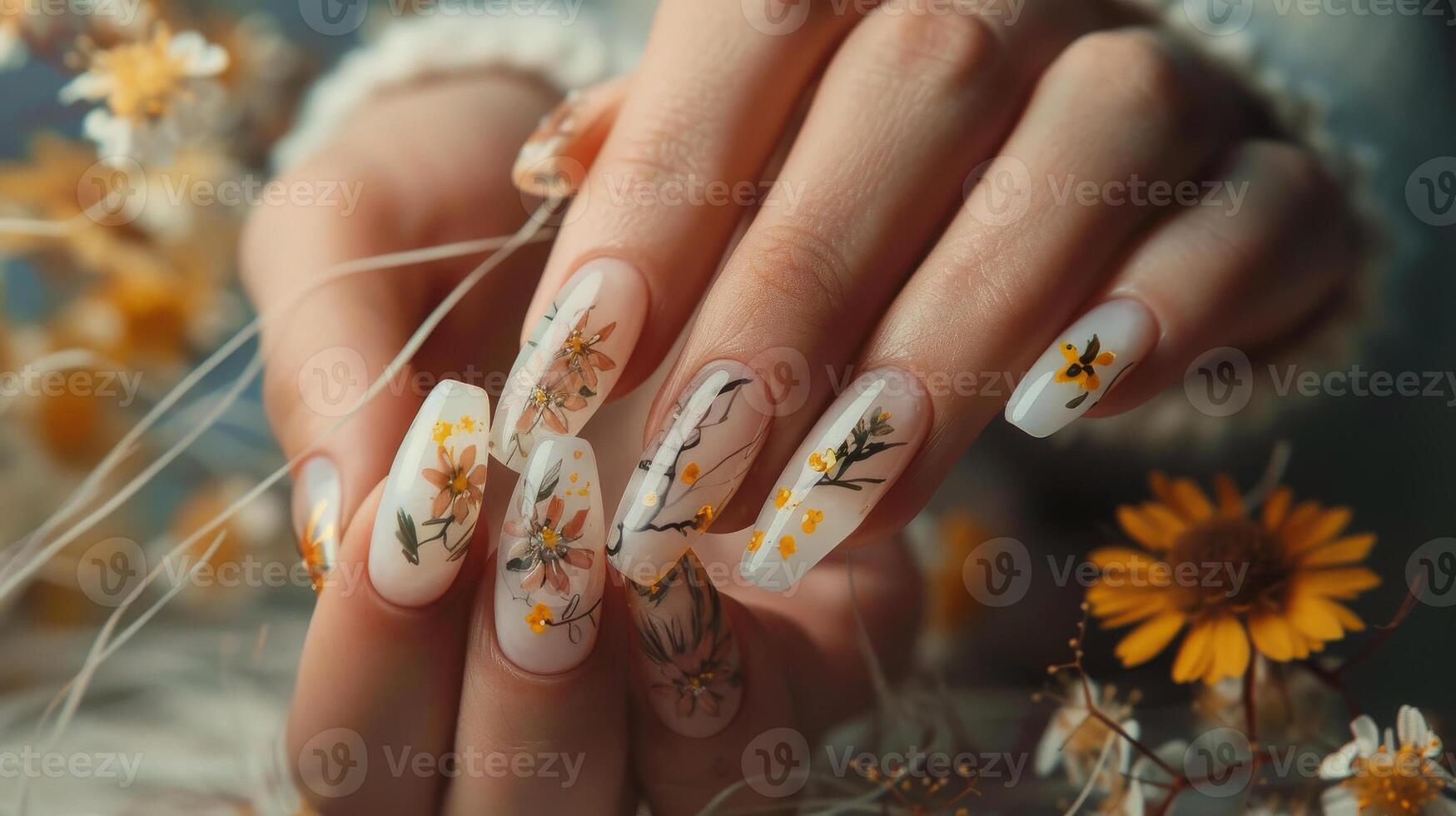 une femme mains avec fleurs manucure photo