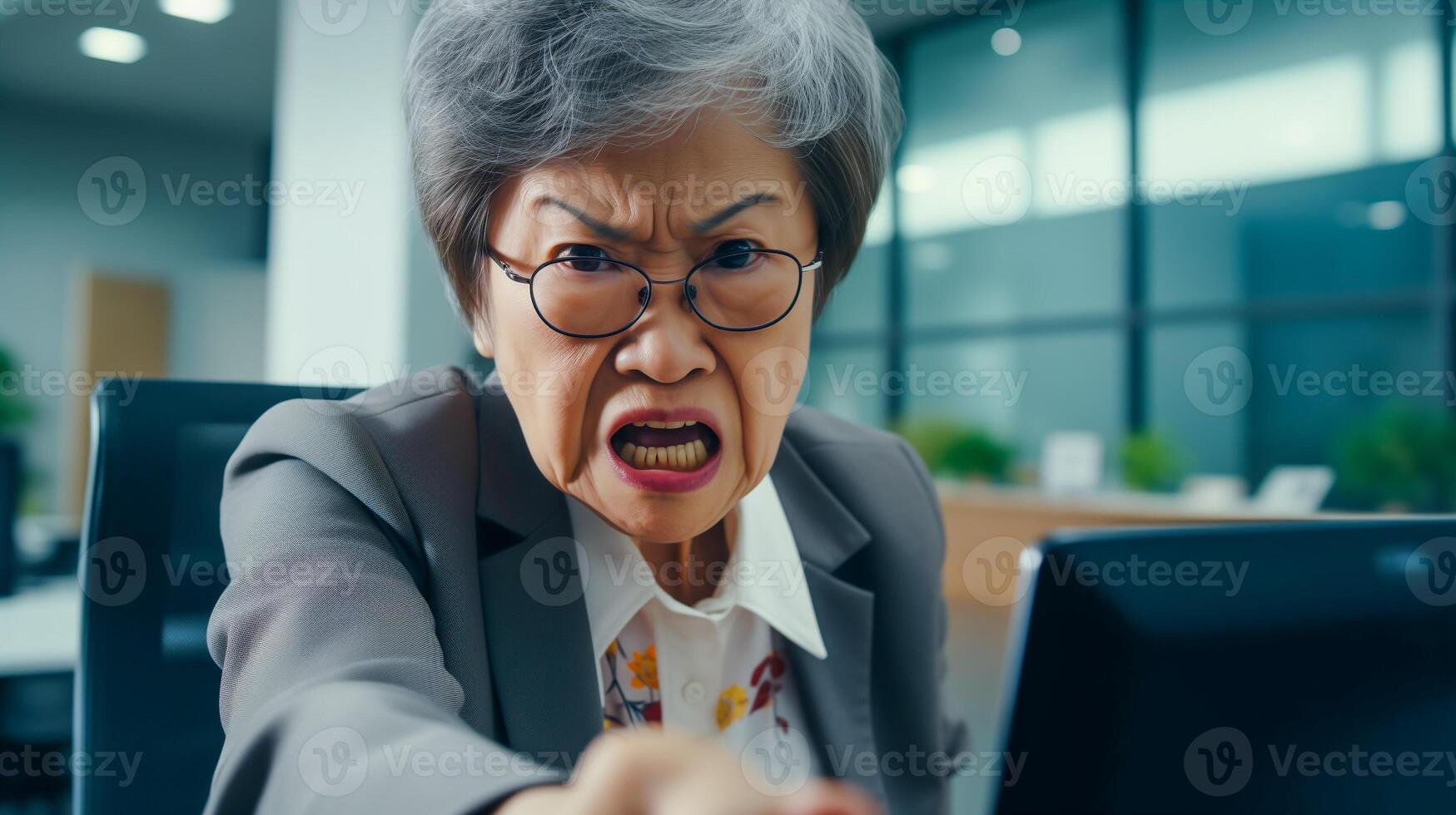en colère vieux asiatique patron dans le bureau. portrait de furieux femme d'affaires. photo
