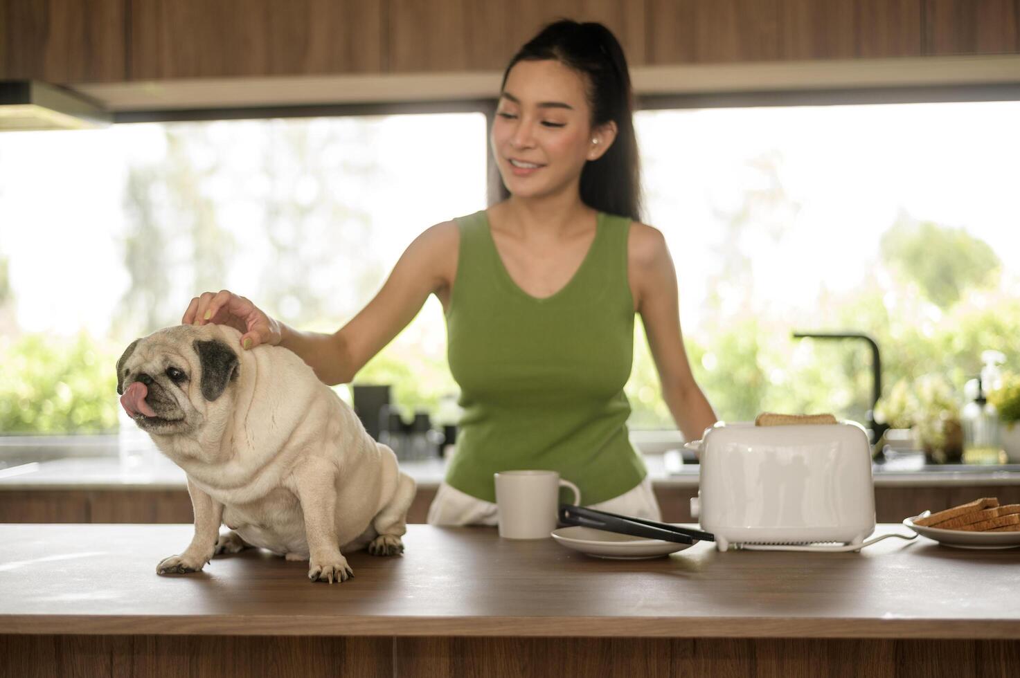 asiatique femme en train de préparer café et pain grillé pain pour petit déjeuner prendre plaisir avec chien à le cuisine table dans le Matin photo