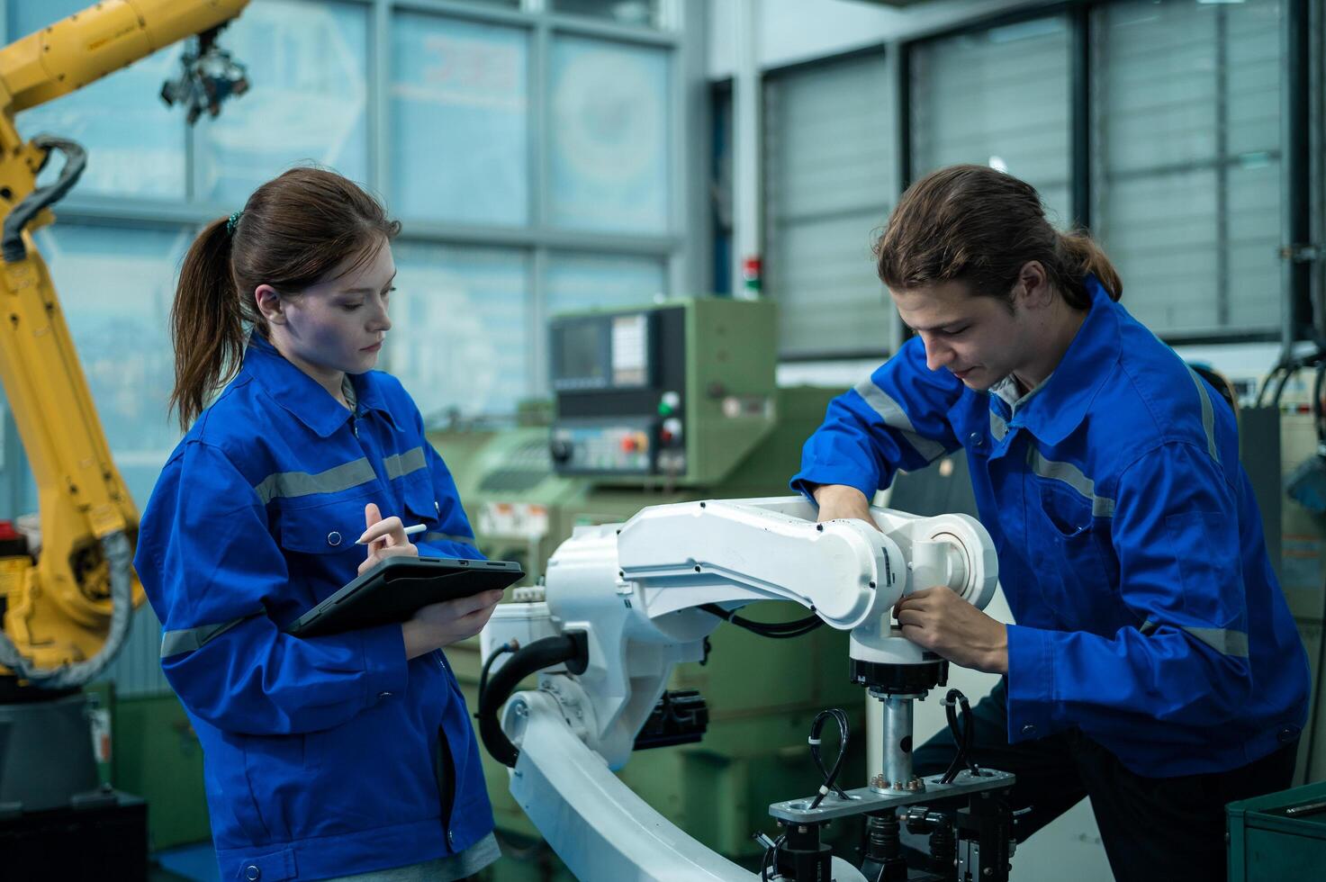 une groupe de la robotique ingénieurs travail avec programmation et manipuler robot main, industriel la robotique conception, haute technologie facilité, moderne machine apprentissage. Masse production automatiques. photo