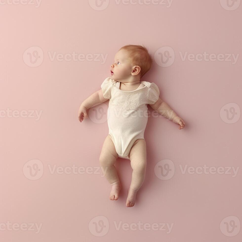 Haut vue de une cinq mois bébé, mensonge contre une lumière pastel rose Contexte. photo