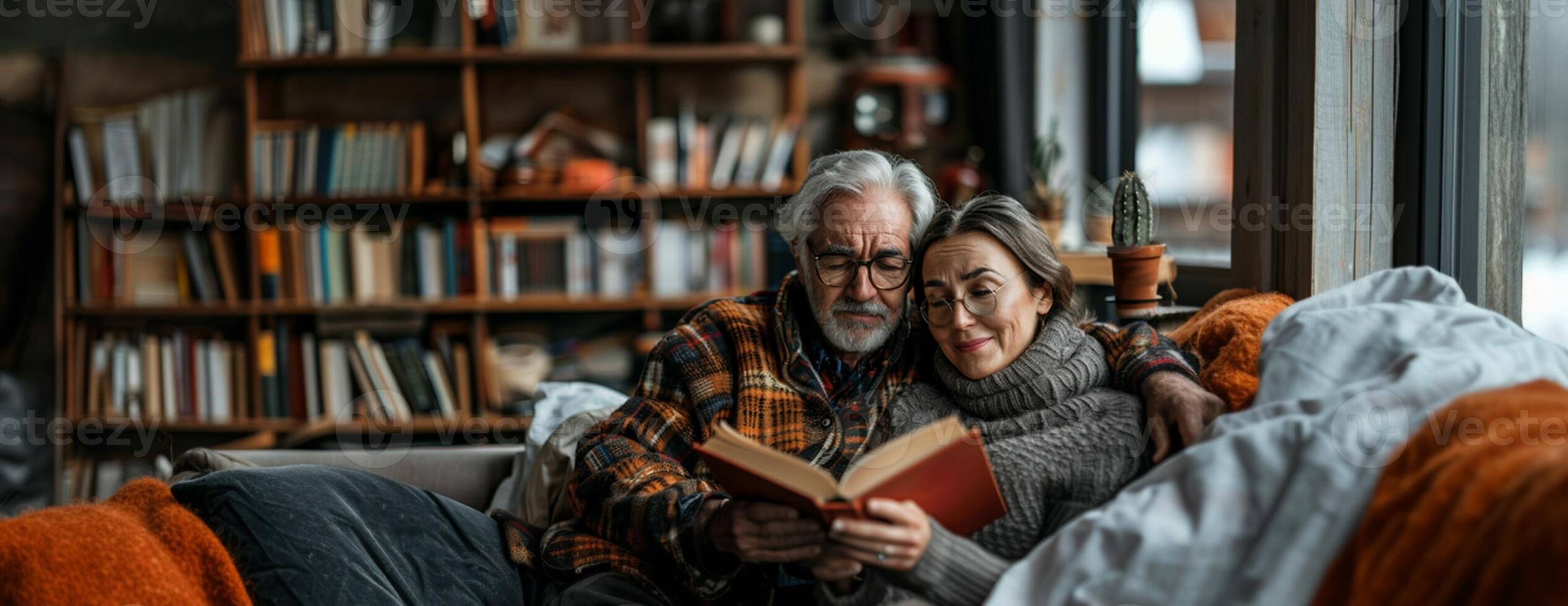 portrait de une content mature couple en train de lire une livre ensemble à Accueil photo