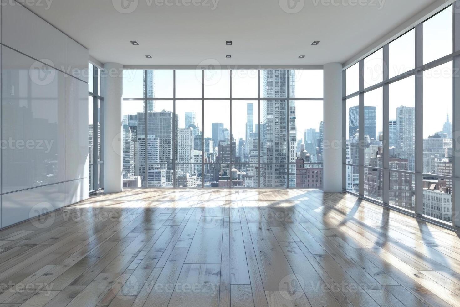 moderne vide pièce avec les fenêtres dans sol et ville vue 3d rendre photo
