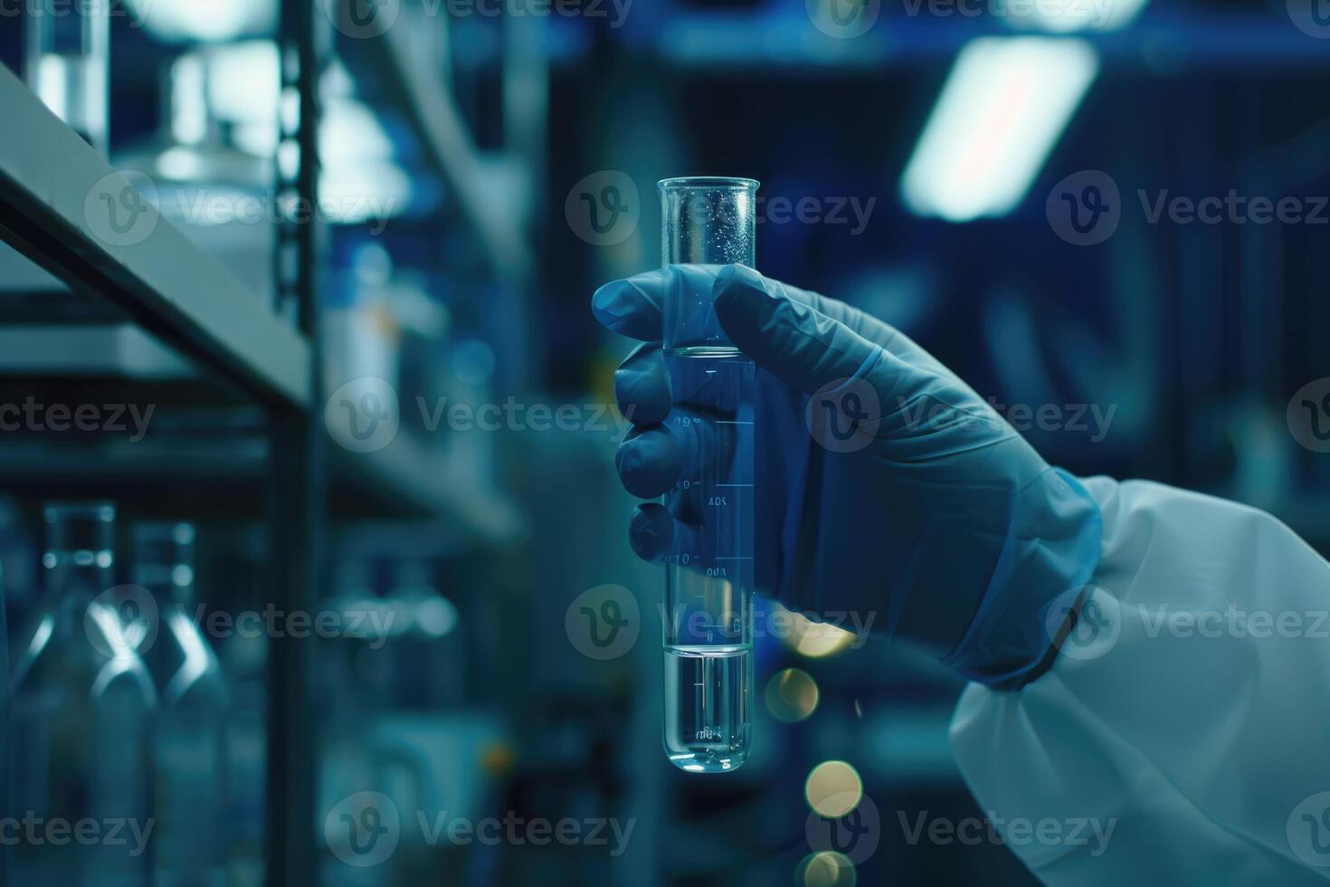 main de scientifique avec tester tube et ballon dans médical chimie laboratoire bleu bannière Contexte photo