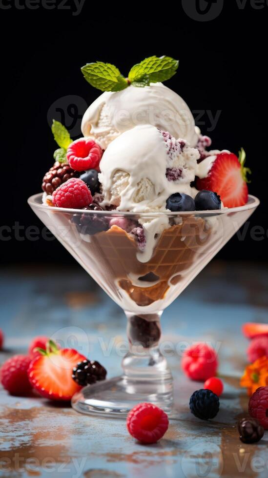 boules de assorti la glace crème dans une verre bol. vanille, fraise, et Chocolat la glace crème avec cerises. concept de sucré dessert, variété, et indulgence. foncé Contexte. vertical. photo