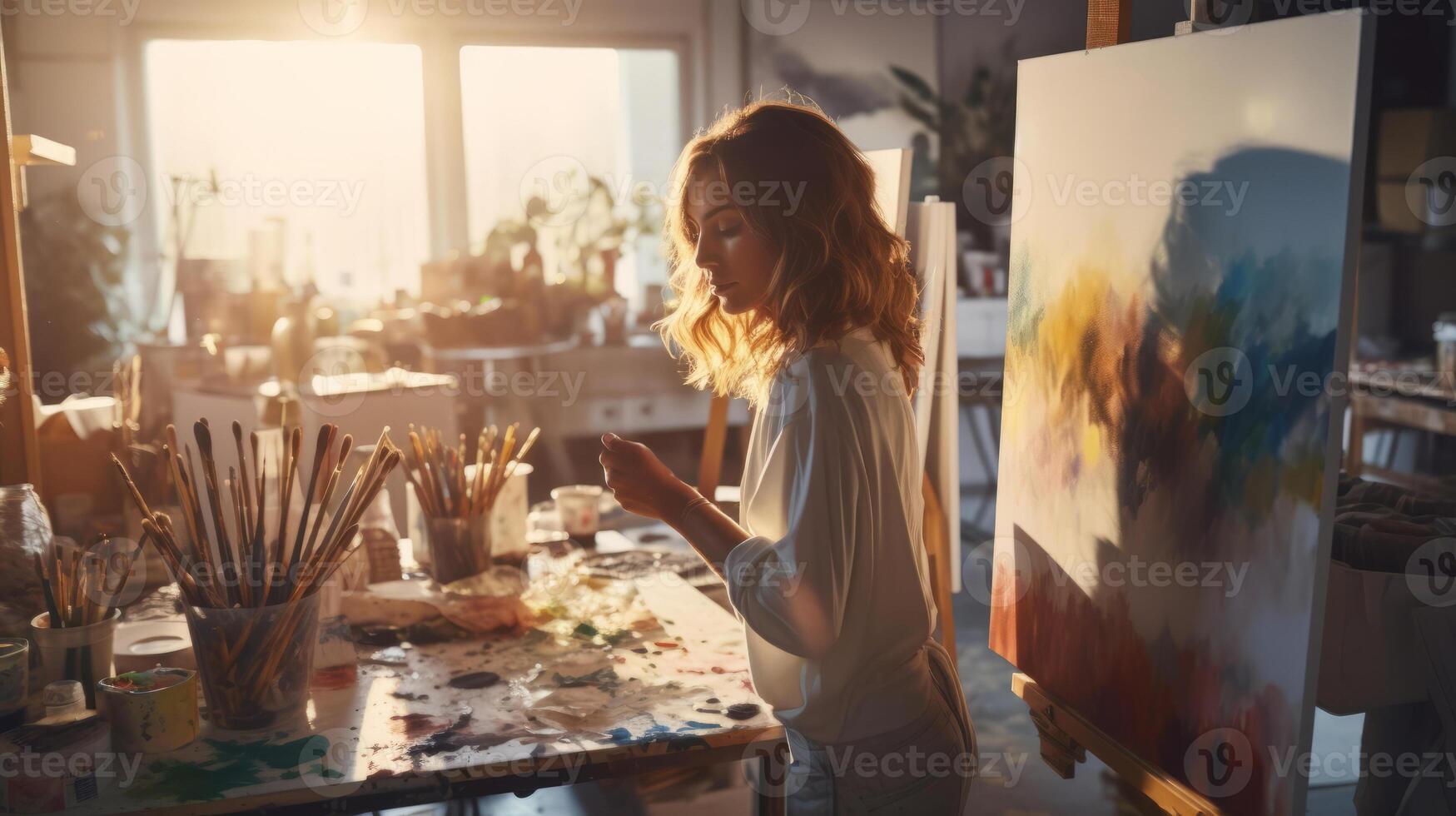 Jeune caucasien femme artiste suivant à sa ouvrages d'art dans art studio. concept de artistique Talent, bien arts, Créatif processus, intéressant passe-temps, passionnant loisir temps, pétrole La peinture photo