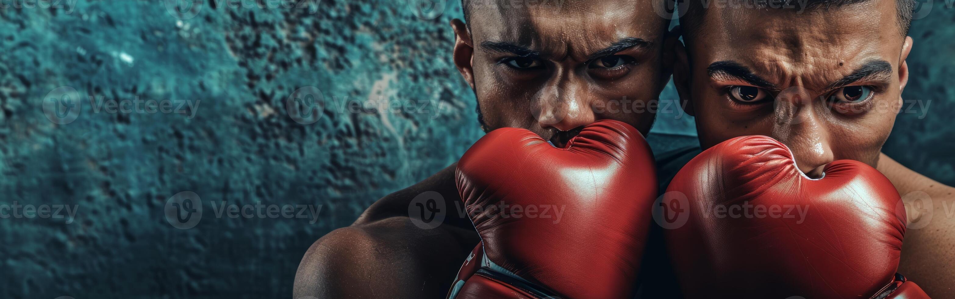 deux africain américain Masculin boxeurs dans boxe gants orienté vers caméra sur texturé bleu Contexte. fermer des sports portrait. conception pour bats toi club affiche, bannière, et des sports publicité. copie espace photo