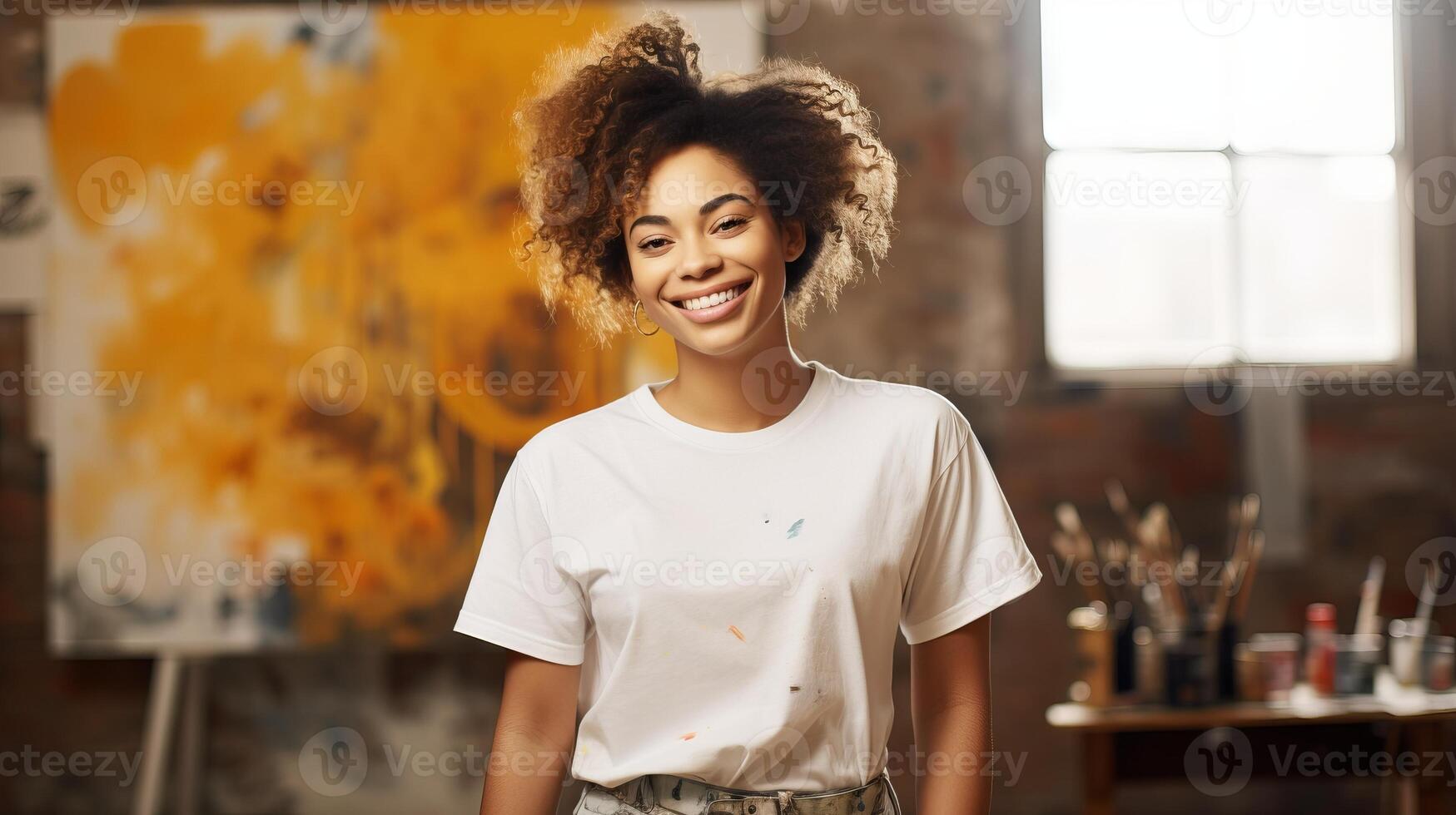 souriant Jeune métisse Dame peintre avec frisé cheveux suivant à sa ouvrages d'art dans un art studio. concept de artistique Talent, bien arts, Créatif processus, pétrole peinture, et culturel diversité. photo