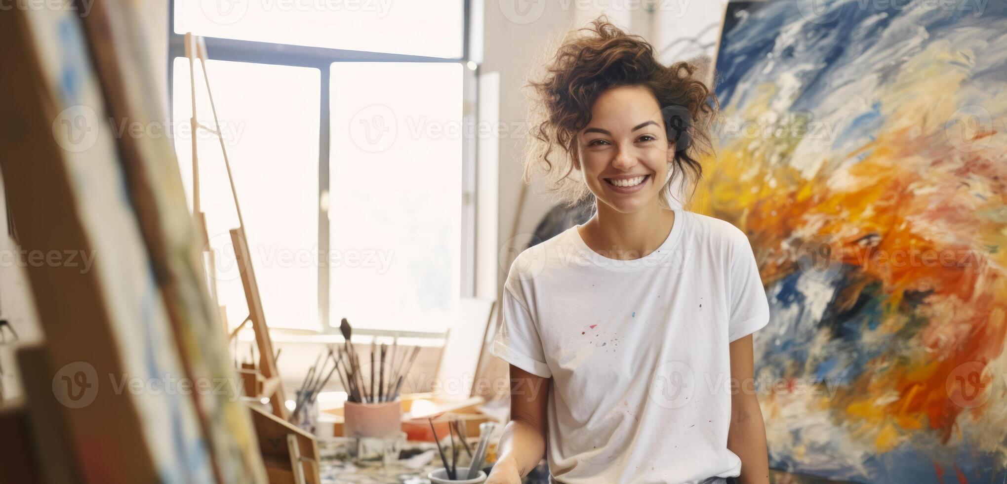 souriant caucasien Jeune femme peintre suivant à sa ouvrages d'art dans art studio. concept de artistique Talent, bien arts, Créatif processus, pétrole La peinture photo