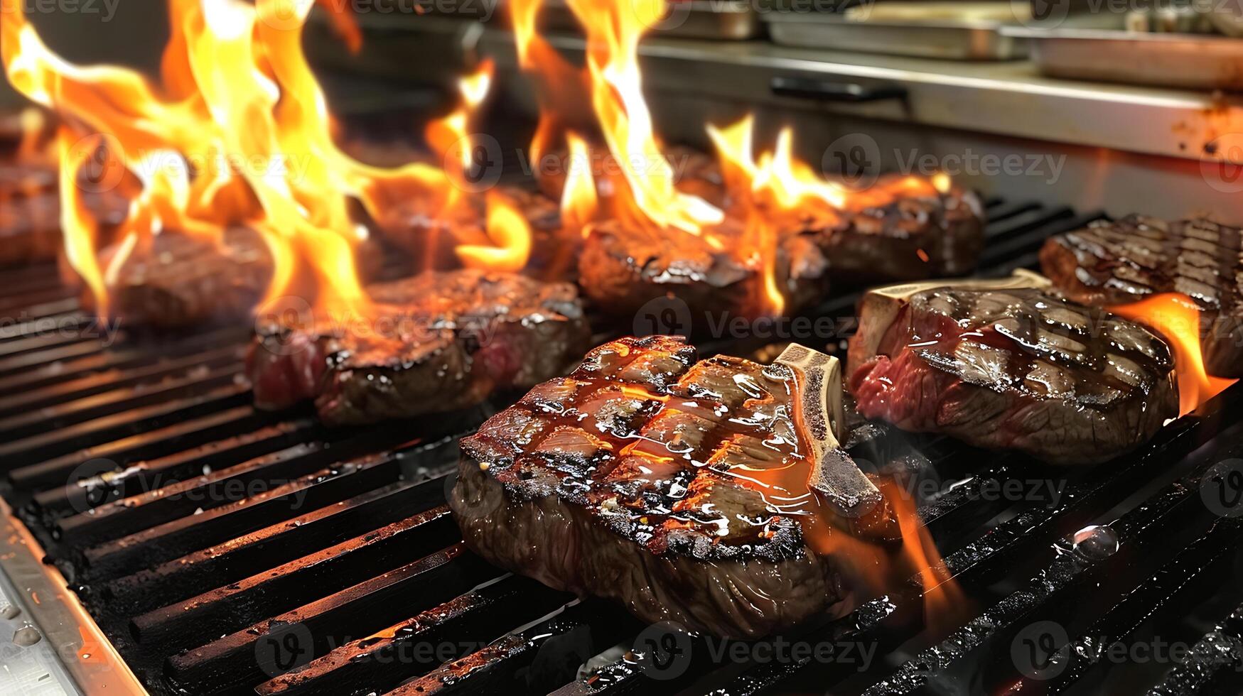 gril maîtrise délice grésillant du boeuf steaks avec flammes photo