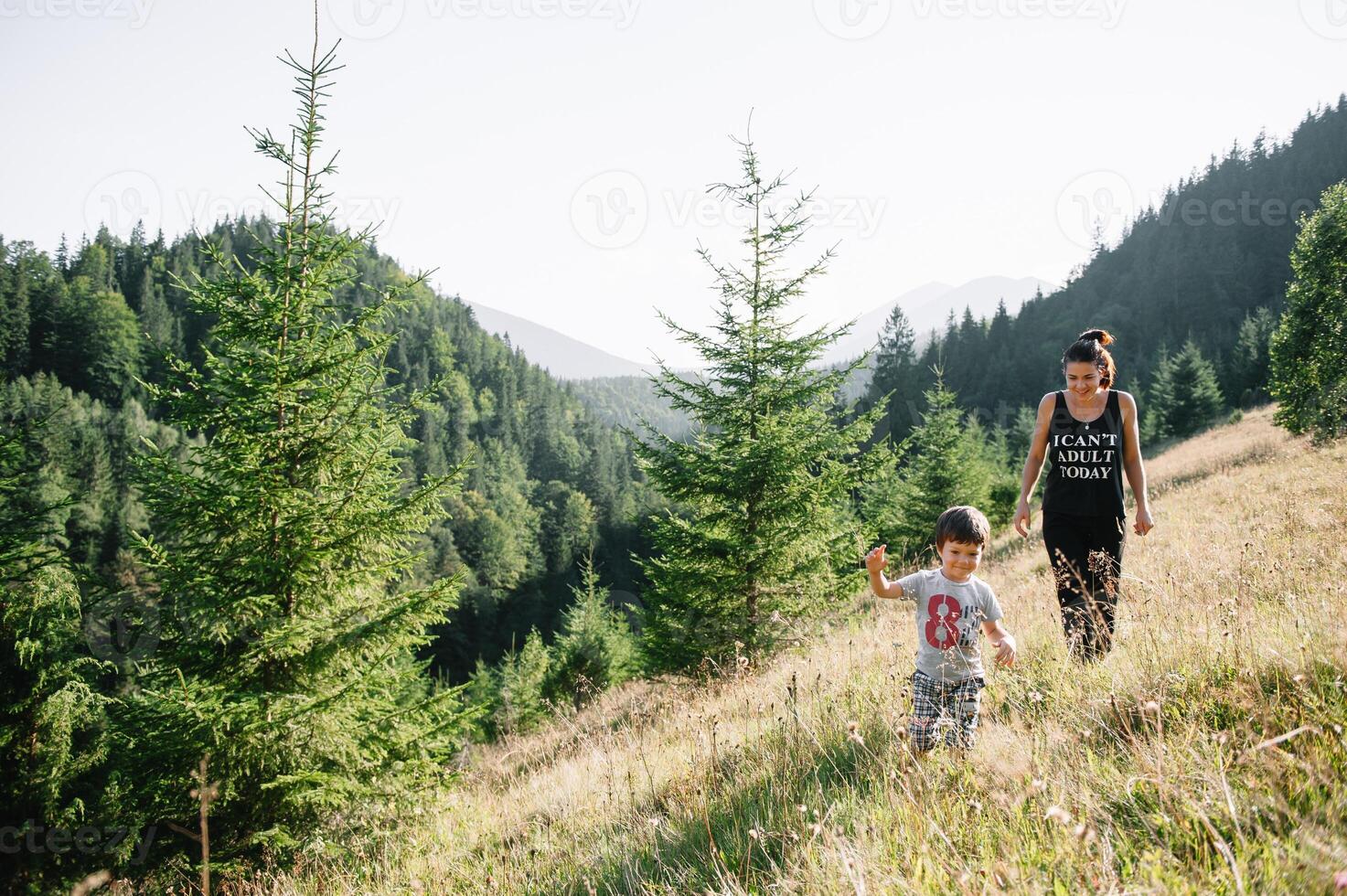 Jeune maman avec bébé garçon en voyageant. mère sur randonnée aventure avec enfant, famille voyage dans montagnes. nationale parc. une randonnée avec les enfants. actif été vacances. fisheye lentille. photo