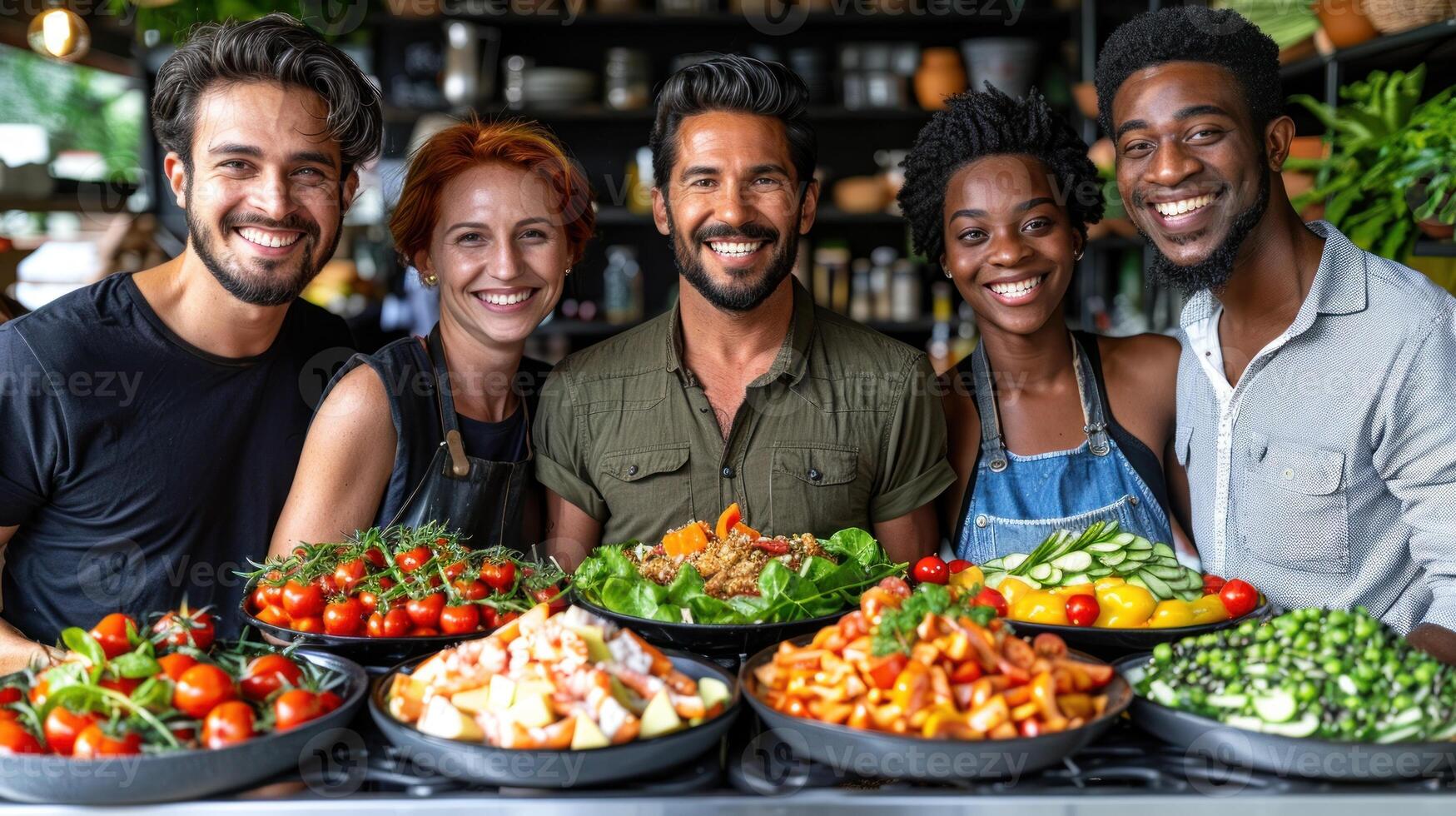 groupe de personnes permanent autour une table rempli avec une variété de nourriture photo