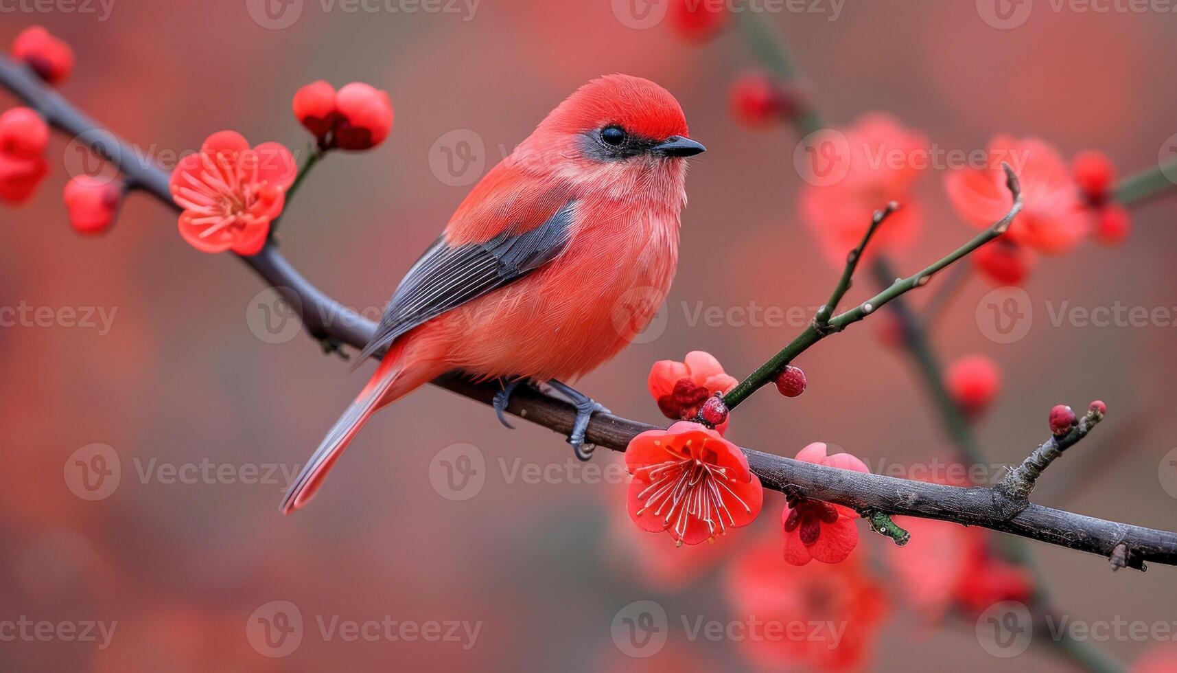 rouge oiseau perché sur branche au milieu de rouge fleurs photo