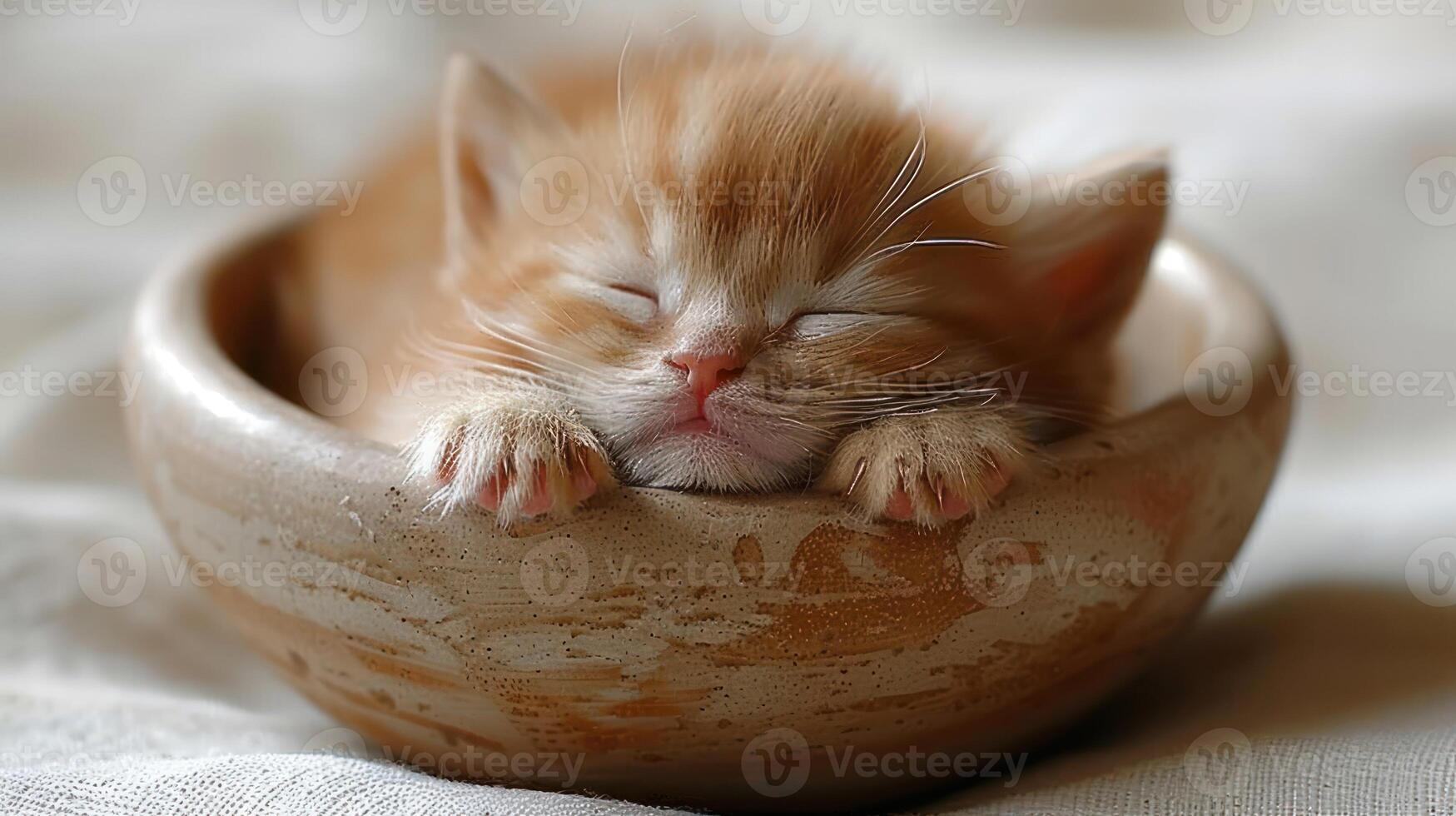 une petit chaton pacifiquement sieste à l'intérieur une bol photo