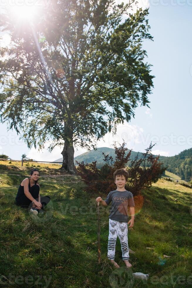 Jeune maman avec bébé garçon en voyageant. mère sur randonnée aventure avec enfant, famille voyage dans montagnes. nationale parc. une randonnée avec les enfants. actif été vacances. fisheye lentille photo