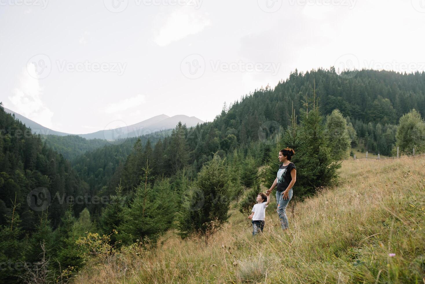 Jeune maman avec bébé garçon en voyageant. mère sur randonnée aventure avec enfant, famille voyage dans montagnes. nationale parc. une randonnée avec les enfants. actif été vacances. fisheye lentille. photo