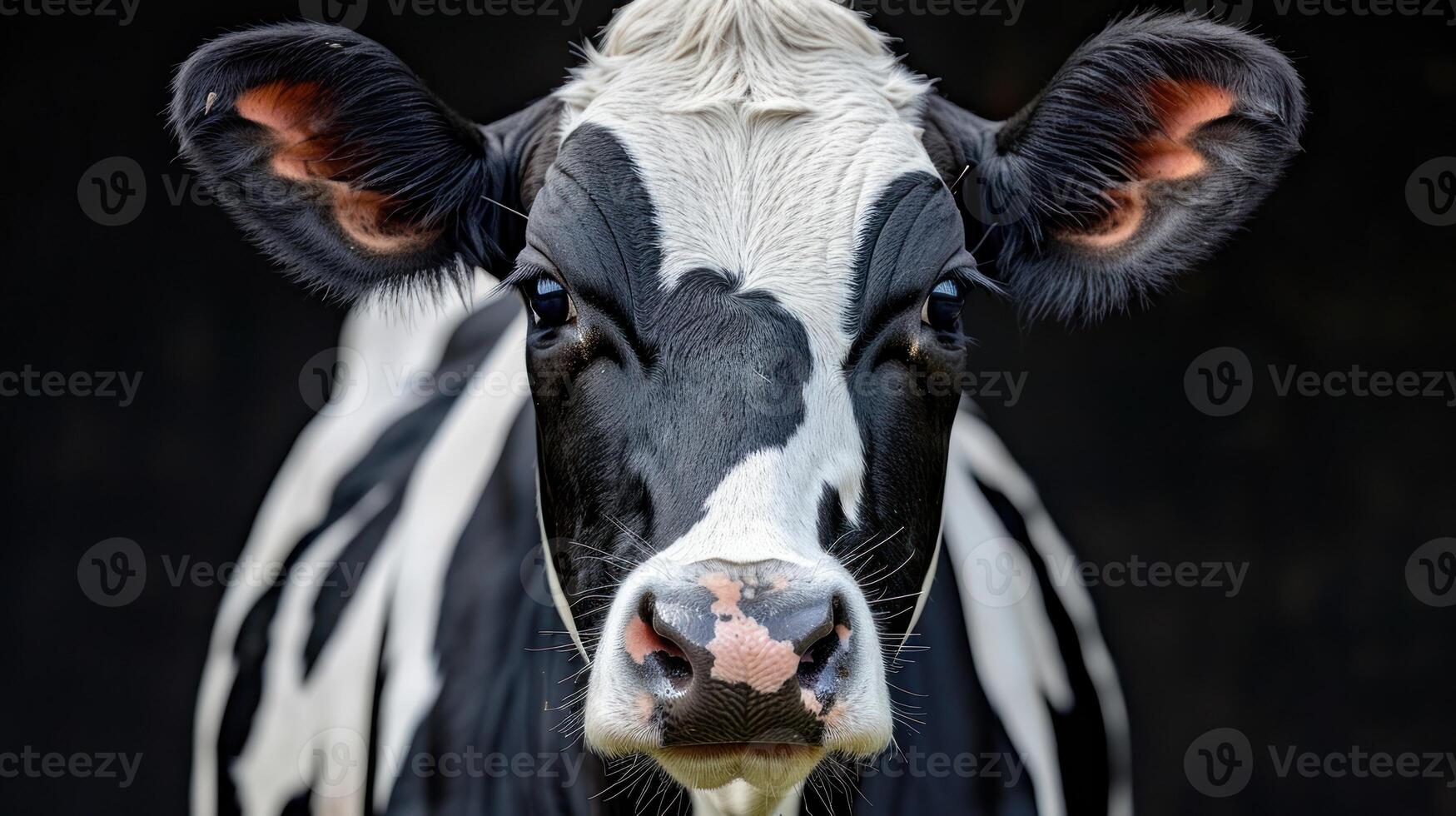 détaillé vue de une noir et blanc vaches visage photo