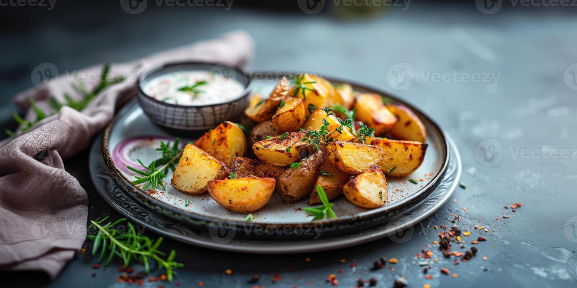 rôti patates avec herbes et sauce sur un élégant assiette sur une gris pierre Contexte avec espace pour texte photo
