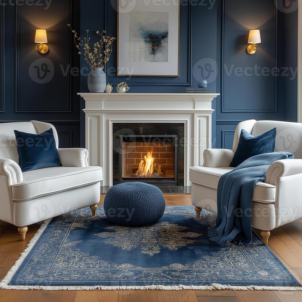 blanc les fauteuils avec bleu oreillers dans une pièce avec une cheminée, minimaliste milieu du siècle style vivant pièce intérieur conception photo