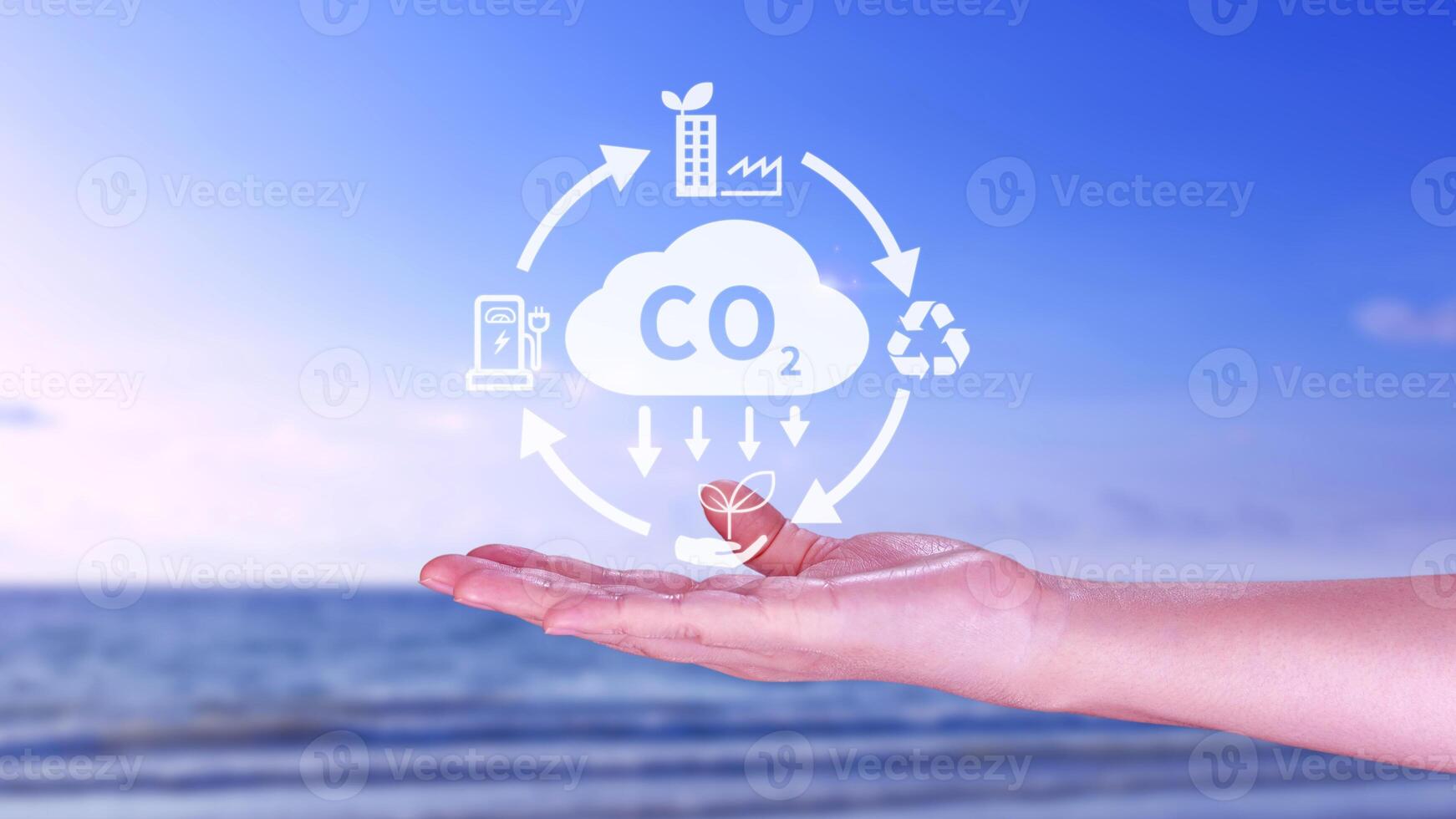 main en portant CO2 réduire virtuel icône pour diminution carbone dioxyde émission, carbone empreinte et carbone crédit à limite global chauffage de bio climat changement concept. photo