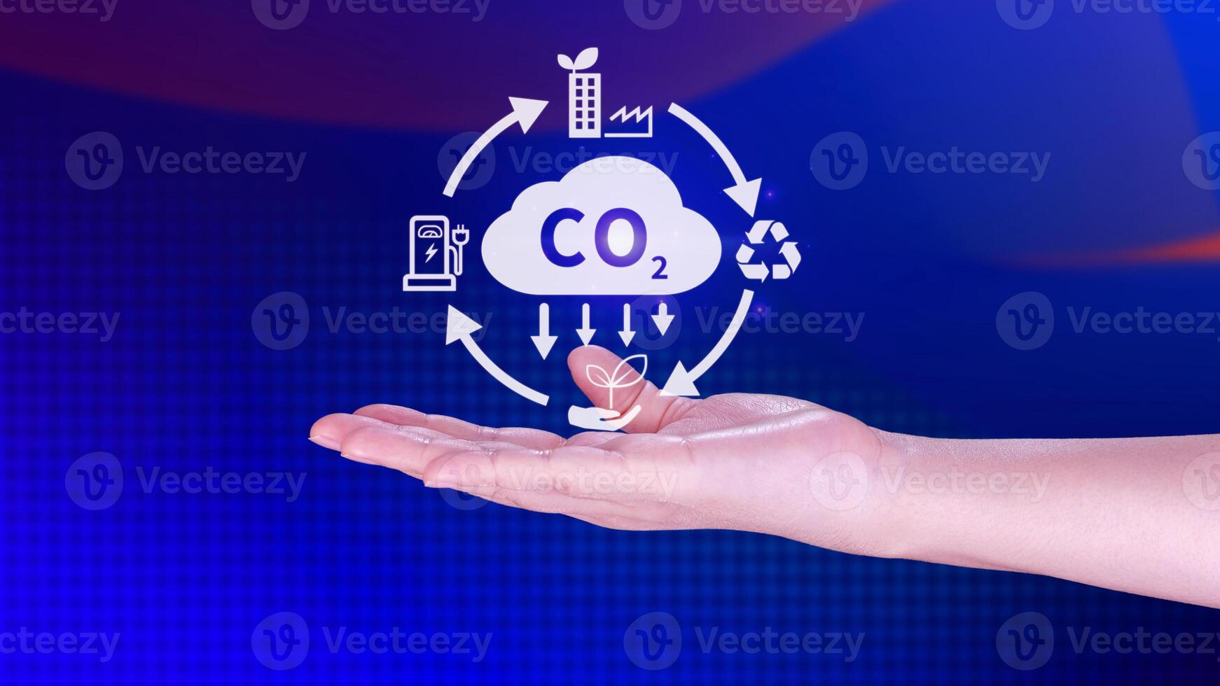 main en portant CO2 réduire virtuel icône pour diminution carbone dioxyde émission, carbone empreinte et carbone crédit à limite global chauffage de bio climat changement concept. photo