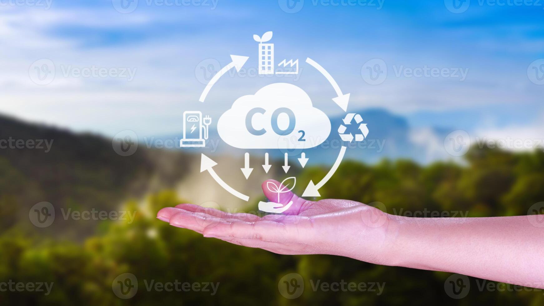 main en portant CO2 réduire virtuel icône pour diminution carbone dioxyde émission, carbone empreinte et carbone crédit à limite global chauffage de bio climat changement concept. photo